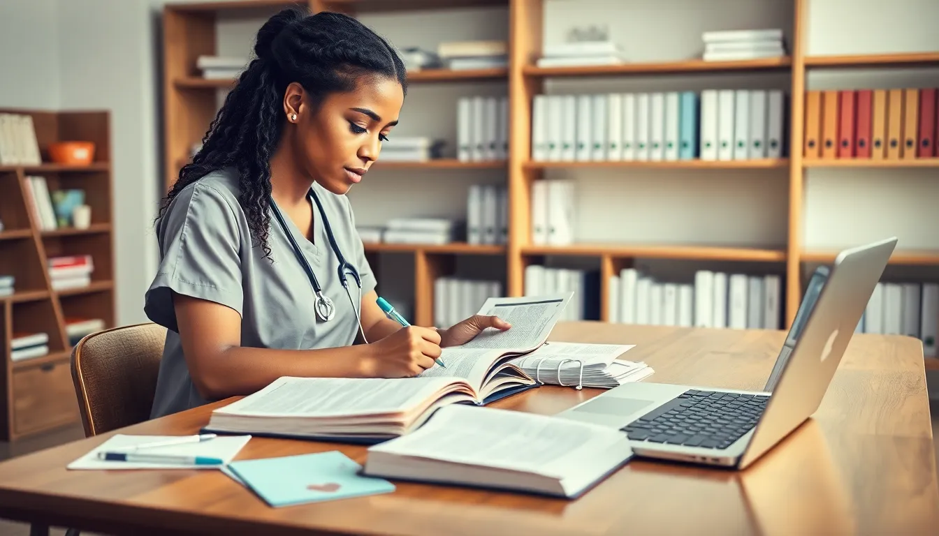 nursing student studying in a modern classroom setting.