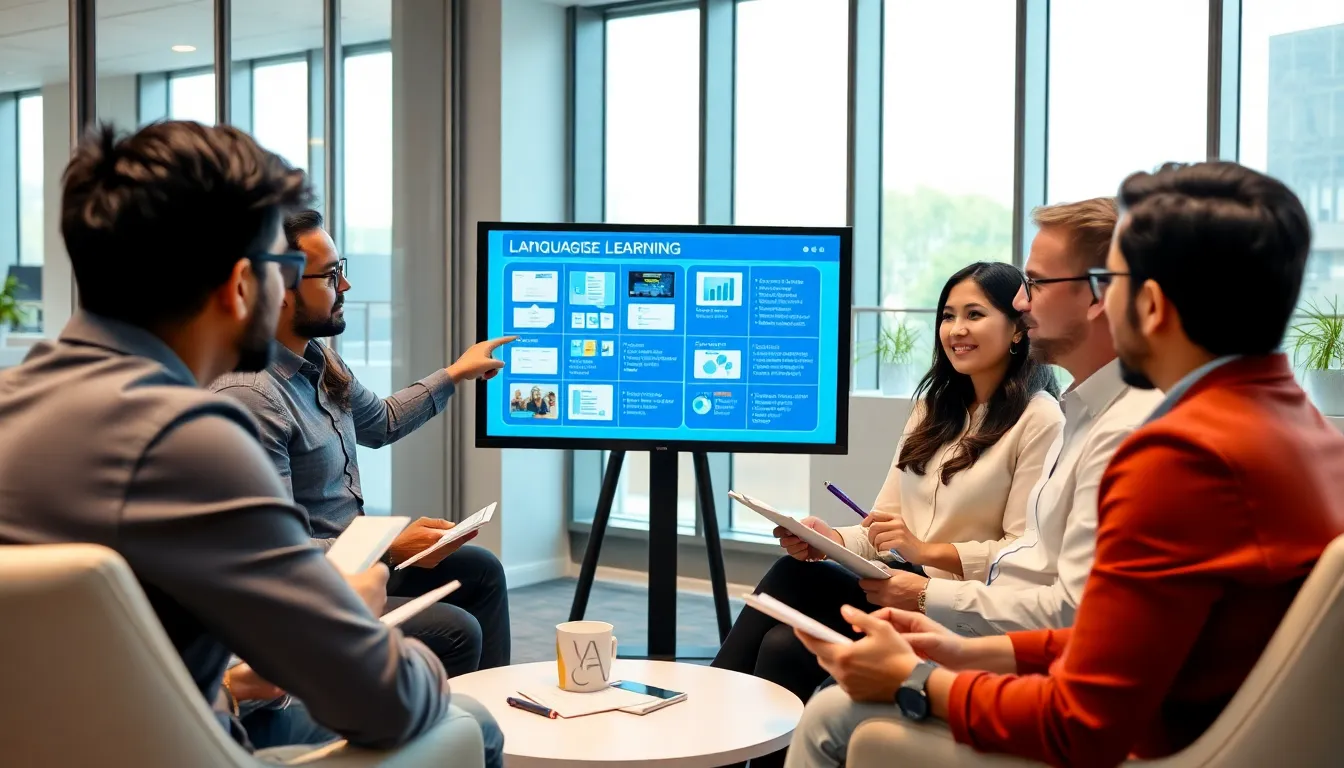 diverse professionals engaging in a language learning session.