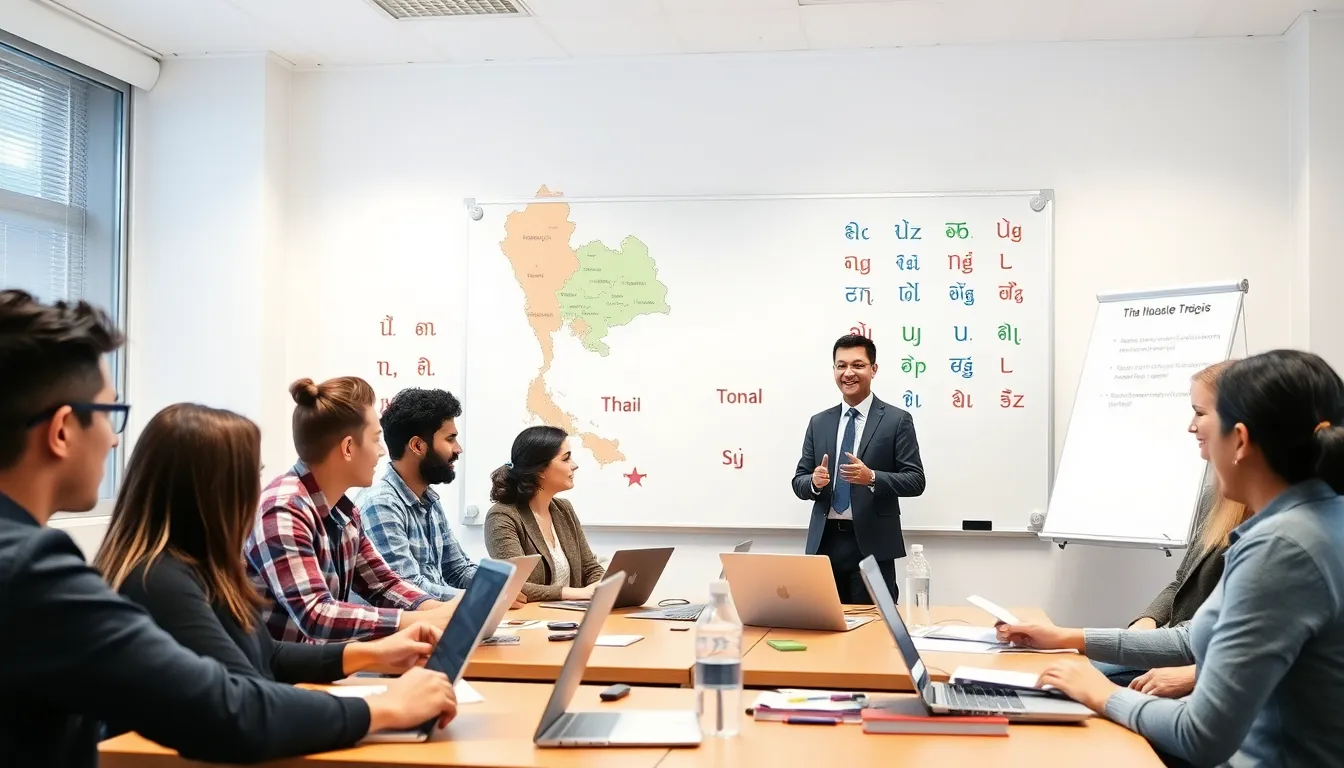 diverse students learning Thai language in a modern classroom.