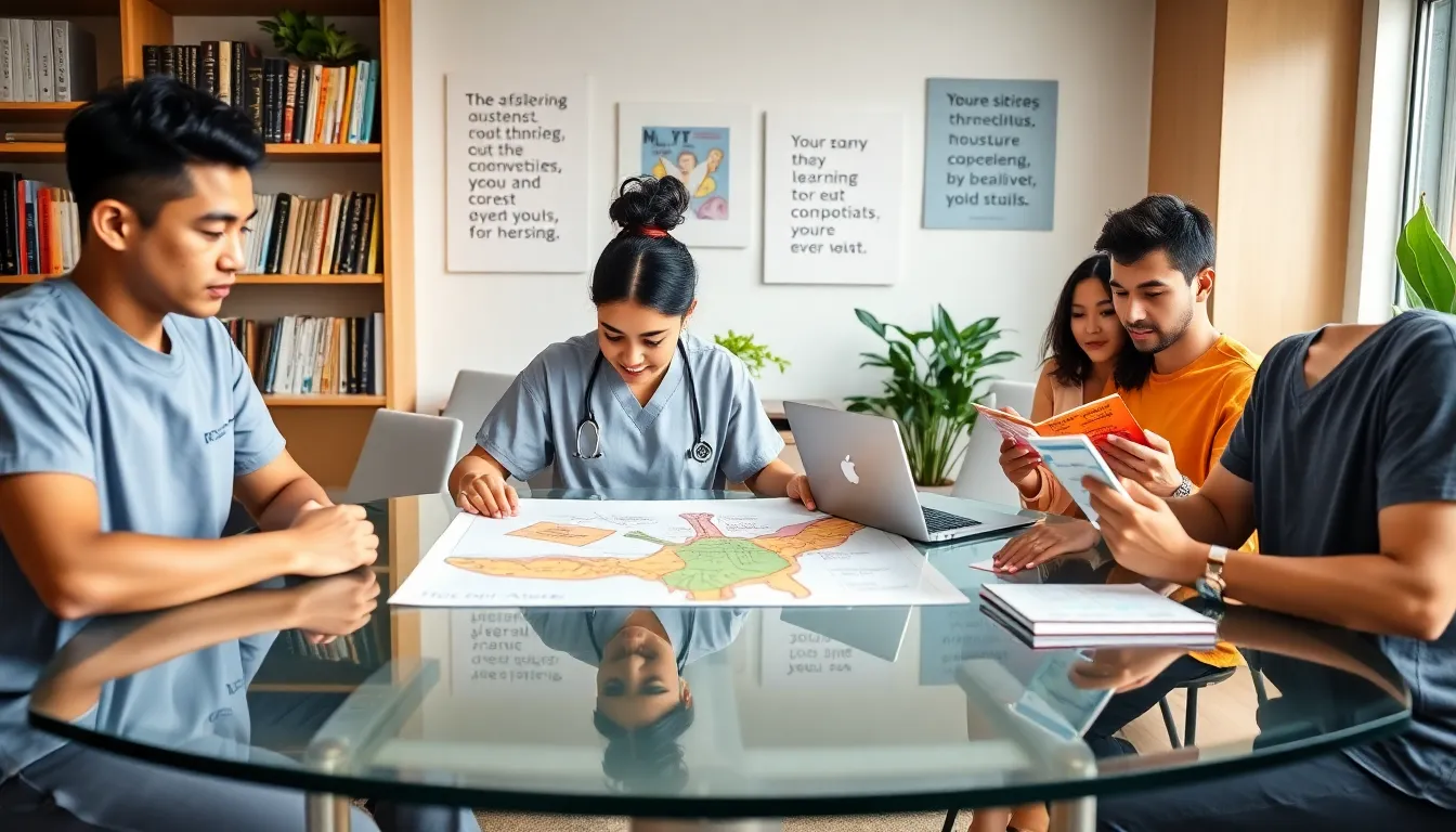 diverse nursing students studying together with visual aids and technology.