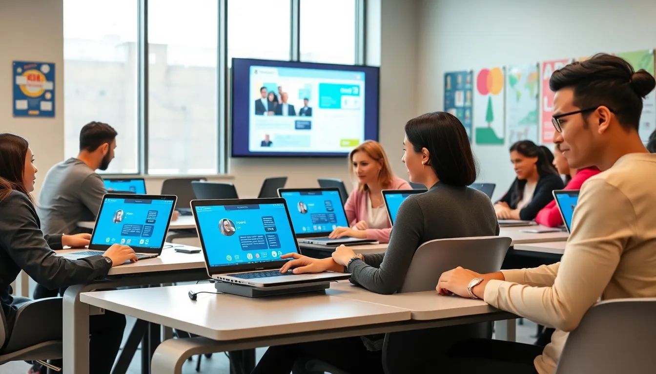 diverse adult learners using language learning software in a modern classroom.